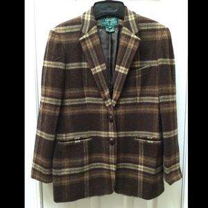 Ralph Lauren Plaid Blazer Jacket LAMBSWOOL Brown 4P